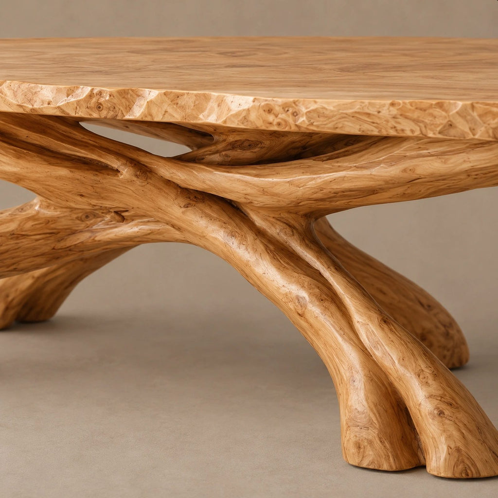 Freeform Live Edge Coffee Table With Woven Root Legs For Living Room