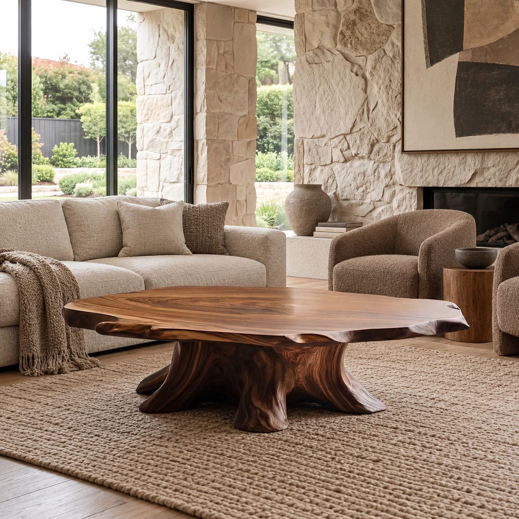 Artisan Round Coffee Table With Carved Trunk Base For Living Room