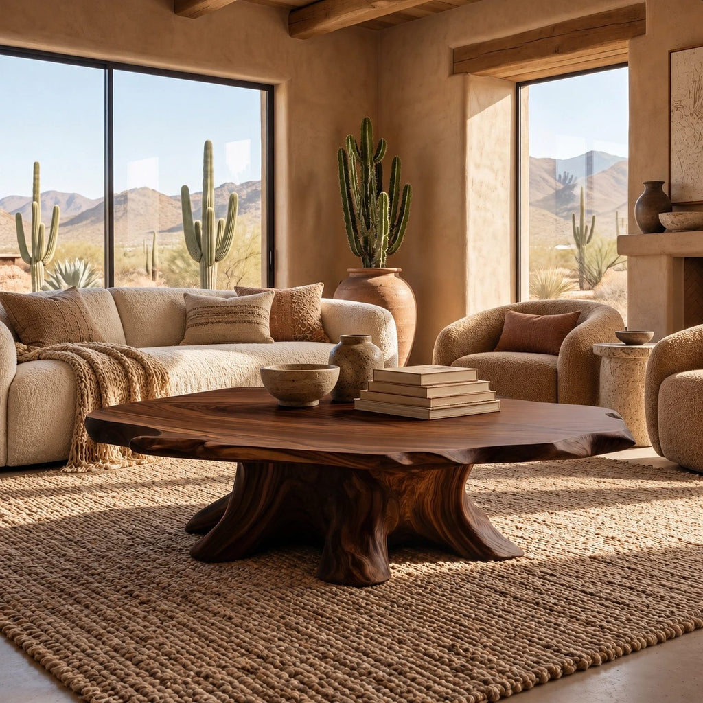 Artisan Round Coffee Table With Carved Trunk Base For Living Room