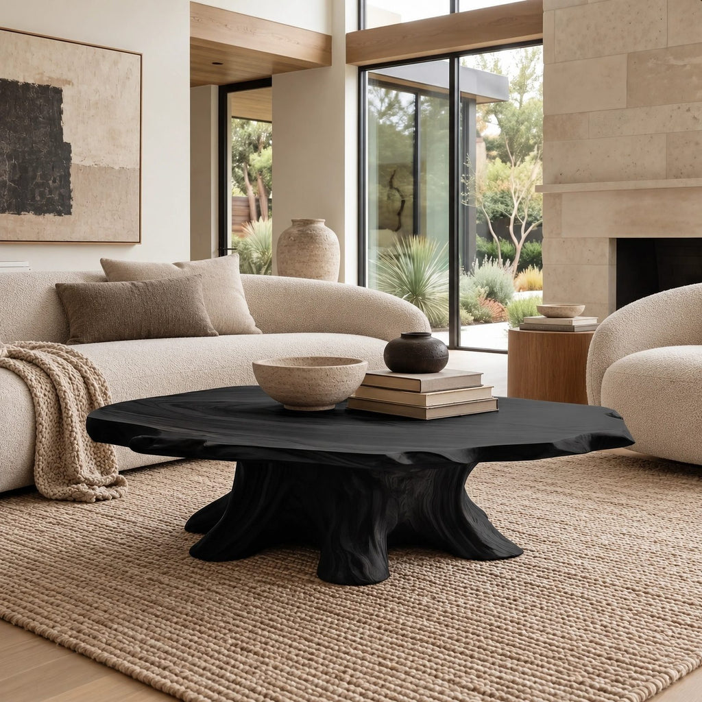 Artisan Round Coffee Table With Carved Trunk Base For Living Room