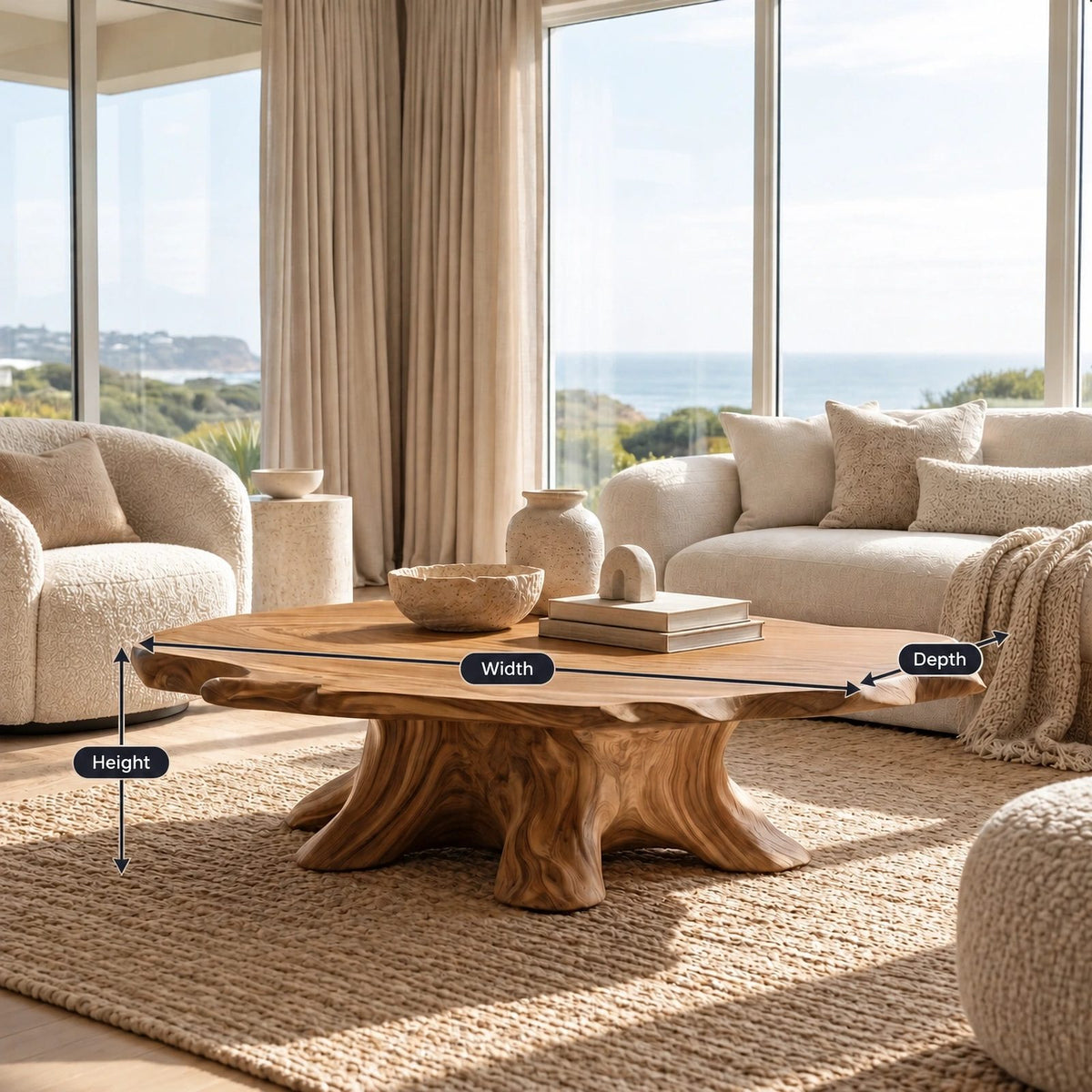 Artisan Round Coffee Table With Carved Trunk Base For Living Room