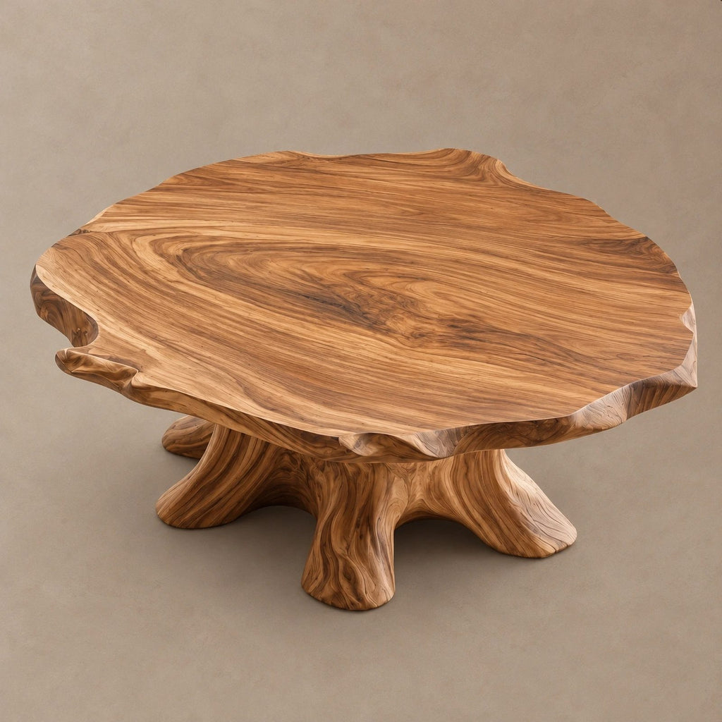 Artisan Round Coffee Table With Carved Trunk Base For Living Room