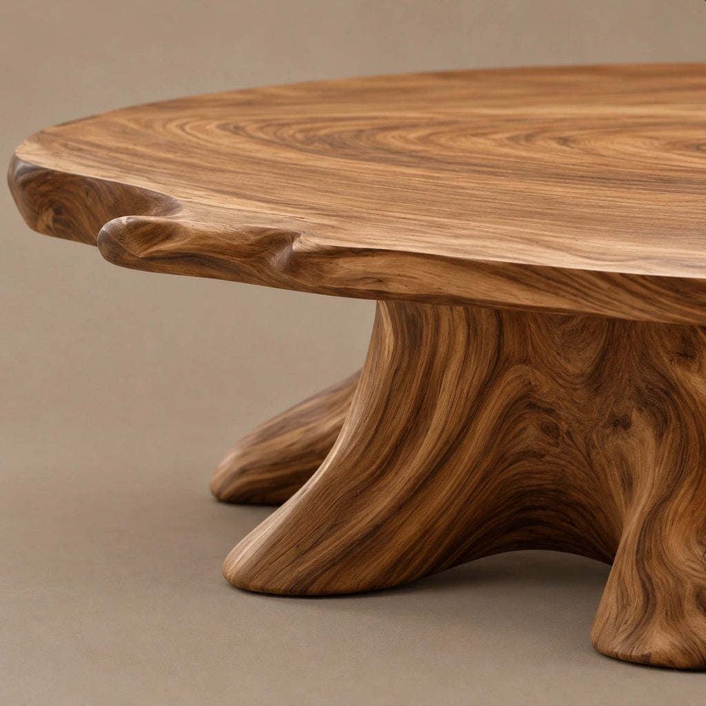 Artisan Round Coffee Table With Carved Trunk Base For Living Room