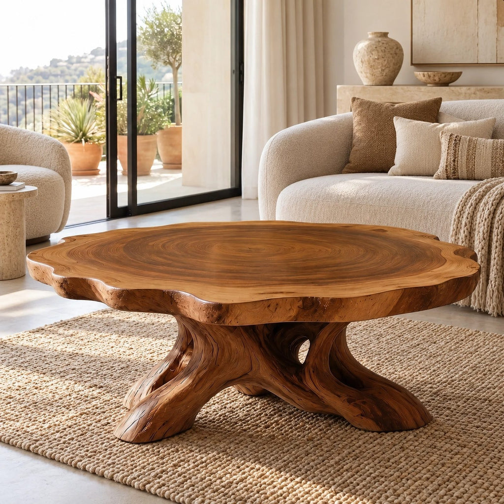 Natural Round Coffee Table With Spreading Root Base For Living Room
