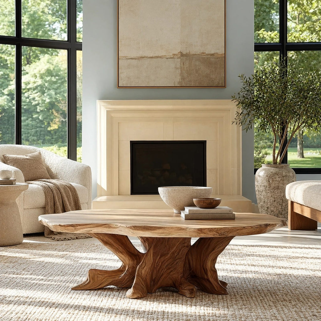 Handcrafted Oval Coffee Table With Radiating Root Base For Living Room