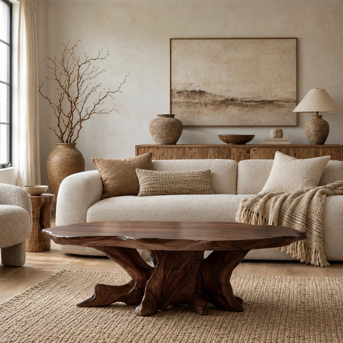 Handcrafted Oval Coffee Table With Radiating Root Base For Living Room