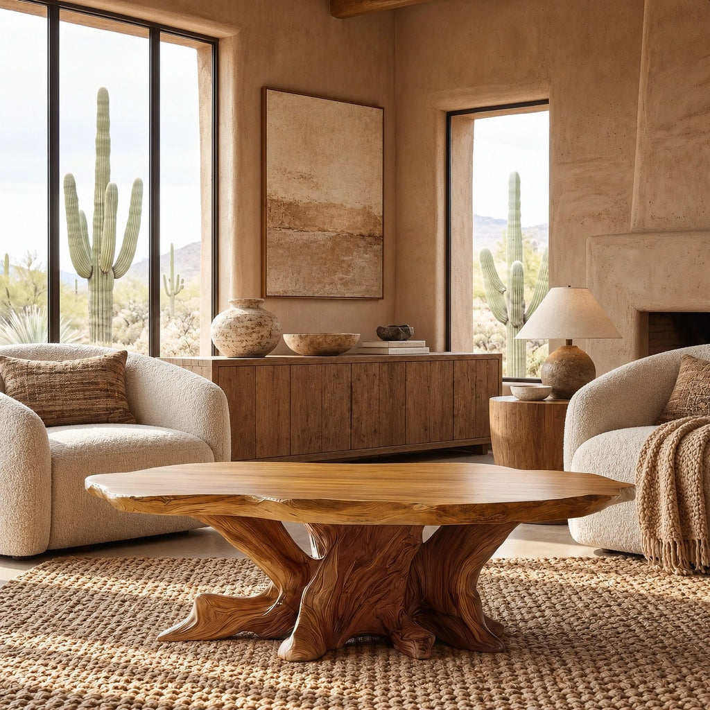 Handcrafted Oval Coffee Table With Radiating Root Base For Living Room