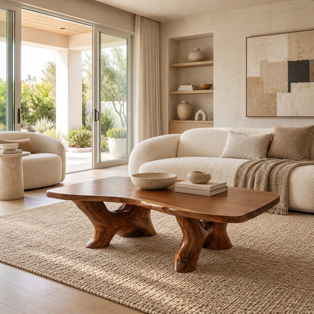 Rustic Oval Coffee Table With Twin Root Pedestals For Living Room