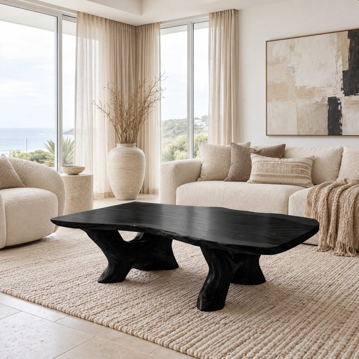 Rustic Oval Coffee Table With Twin Root Pedestals For Living Room