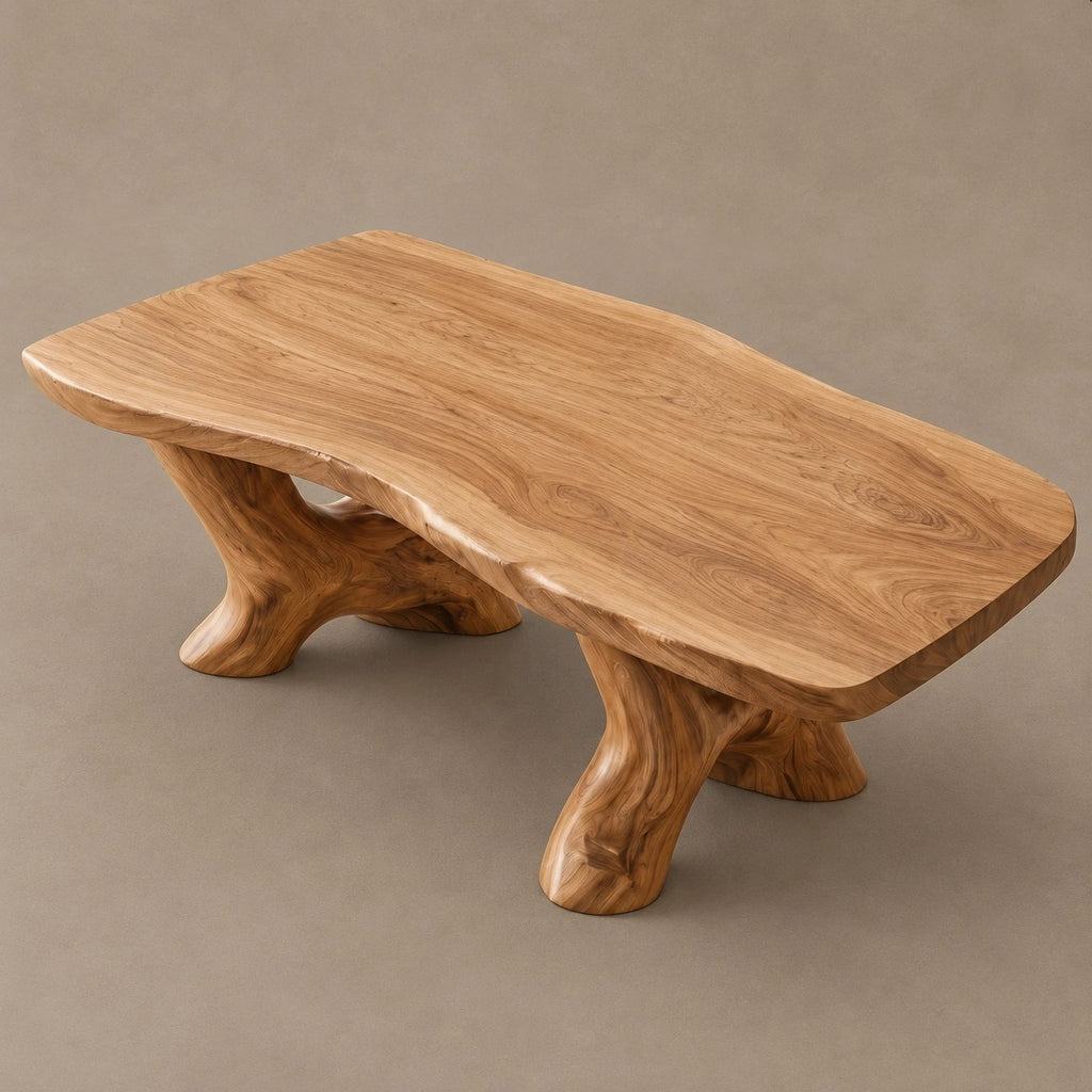 Rustic Oval Coffee Table With Twin Root Pedestals For Living Room