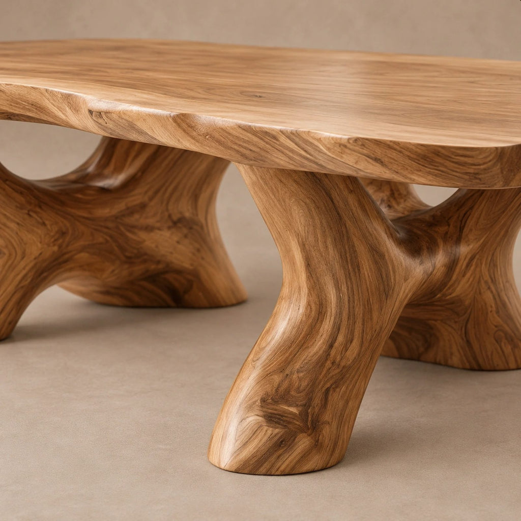 Rustic Oval Coffee Table With Twin Root Pedestals For Living Room