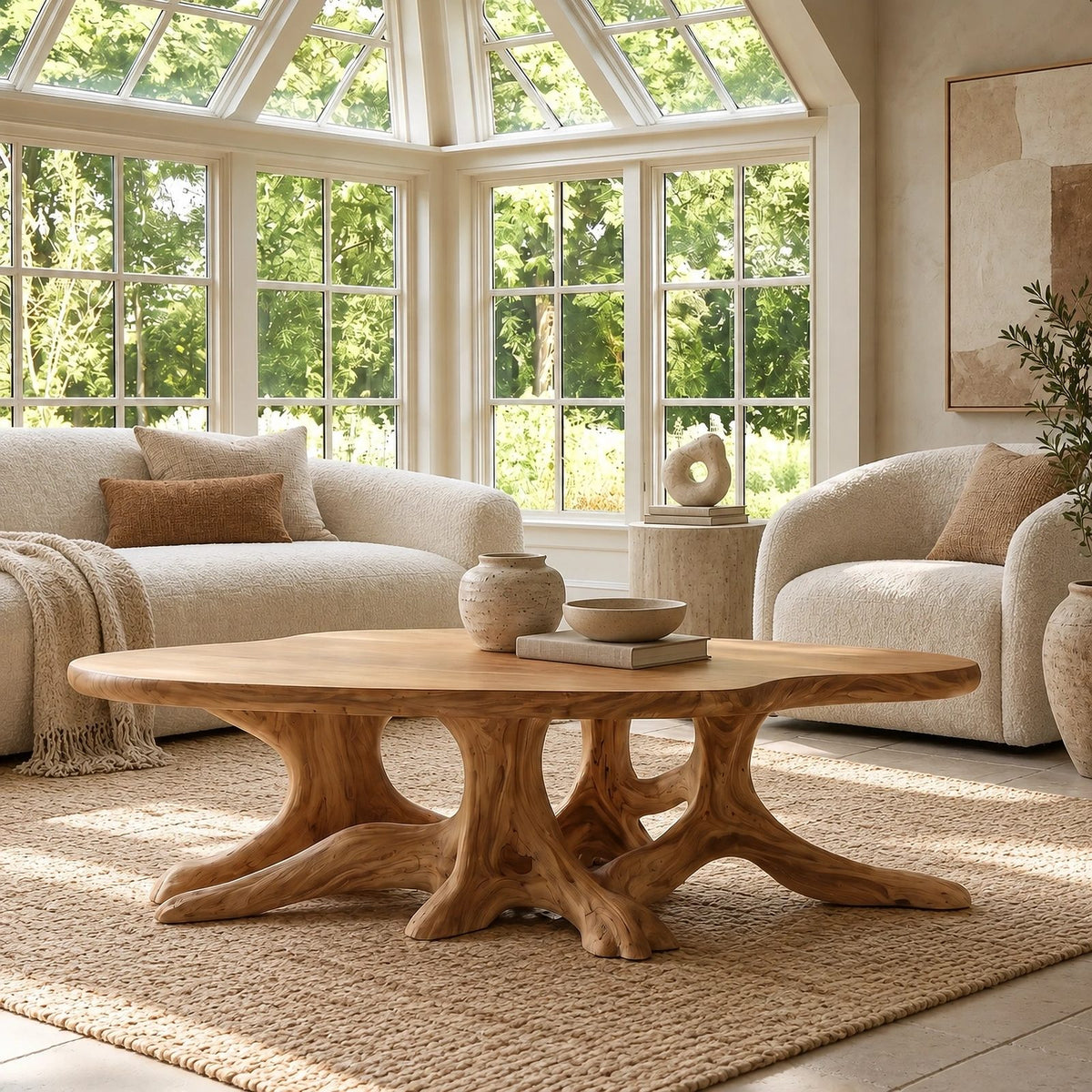 Statement Round Coffee Table With Starburst Root Base For Living Room