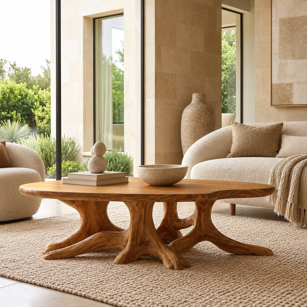 Statement Round Coffee Table With Starburst Root Base For Living Room