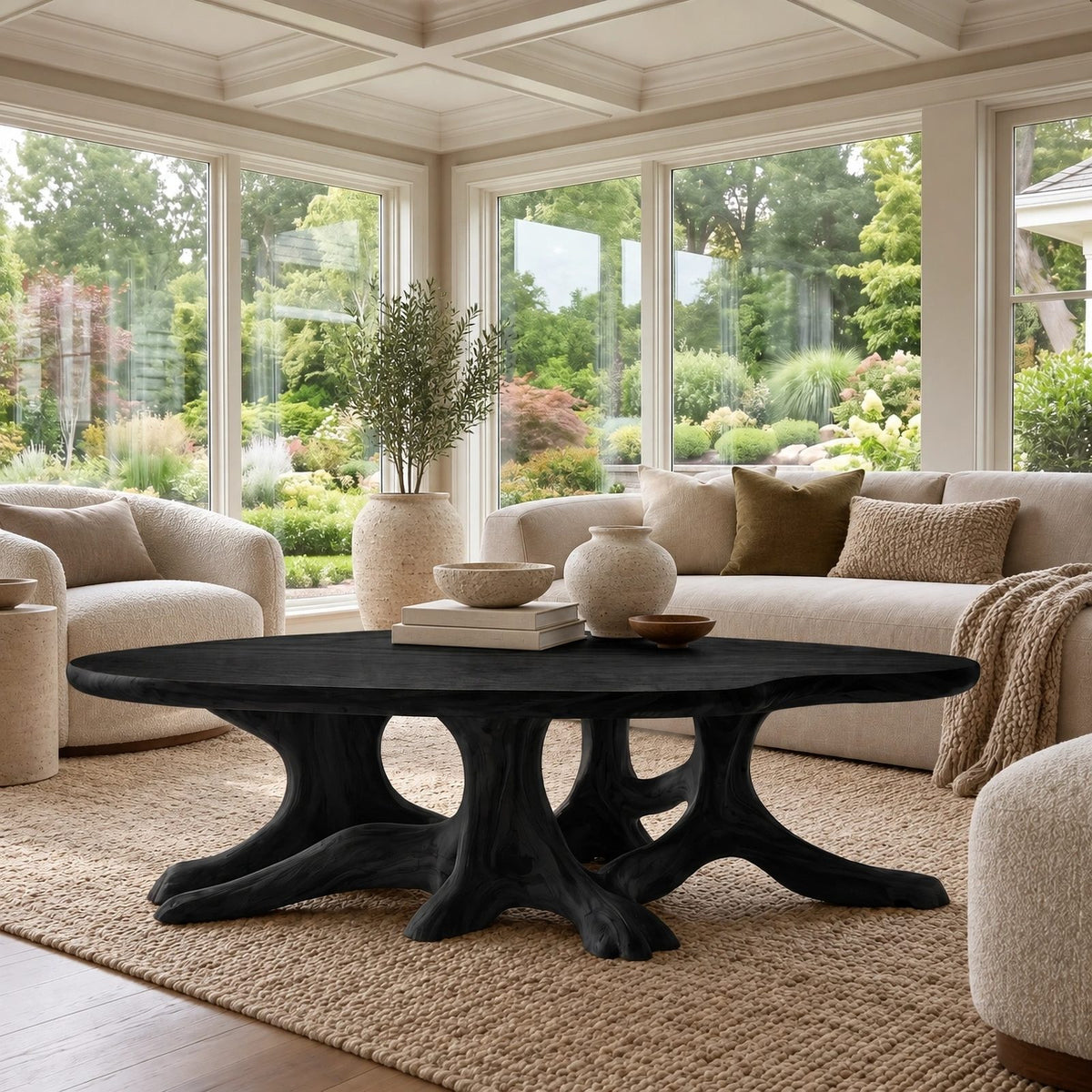 Statement Round Coffee Table With Starburst Root Base For Living Room