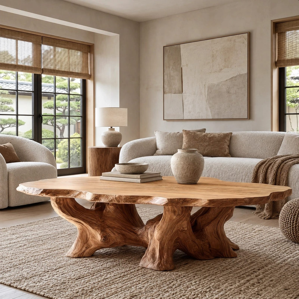 Transitional Oval Coffee Table With Quad Root Legs For Living Room