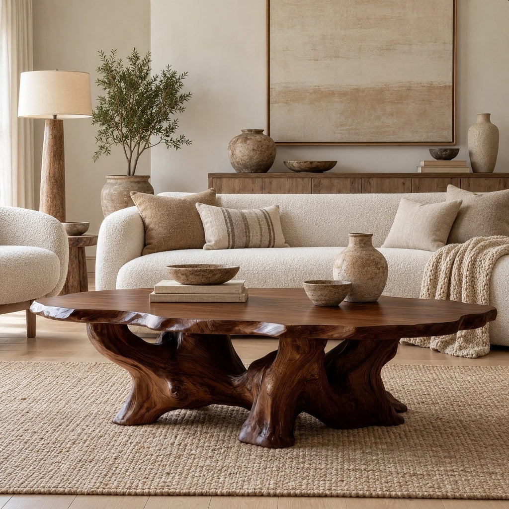 Transitional Oval Coffee Table With Quad Root Legs For Living Room