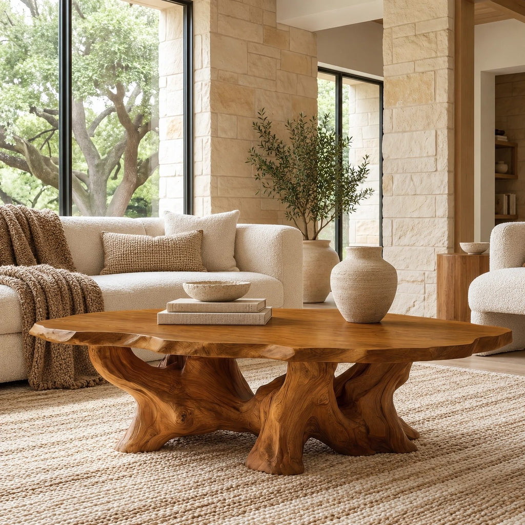 Transitional Oval Coffee Table With Quad Root Legs For Living Room