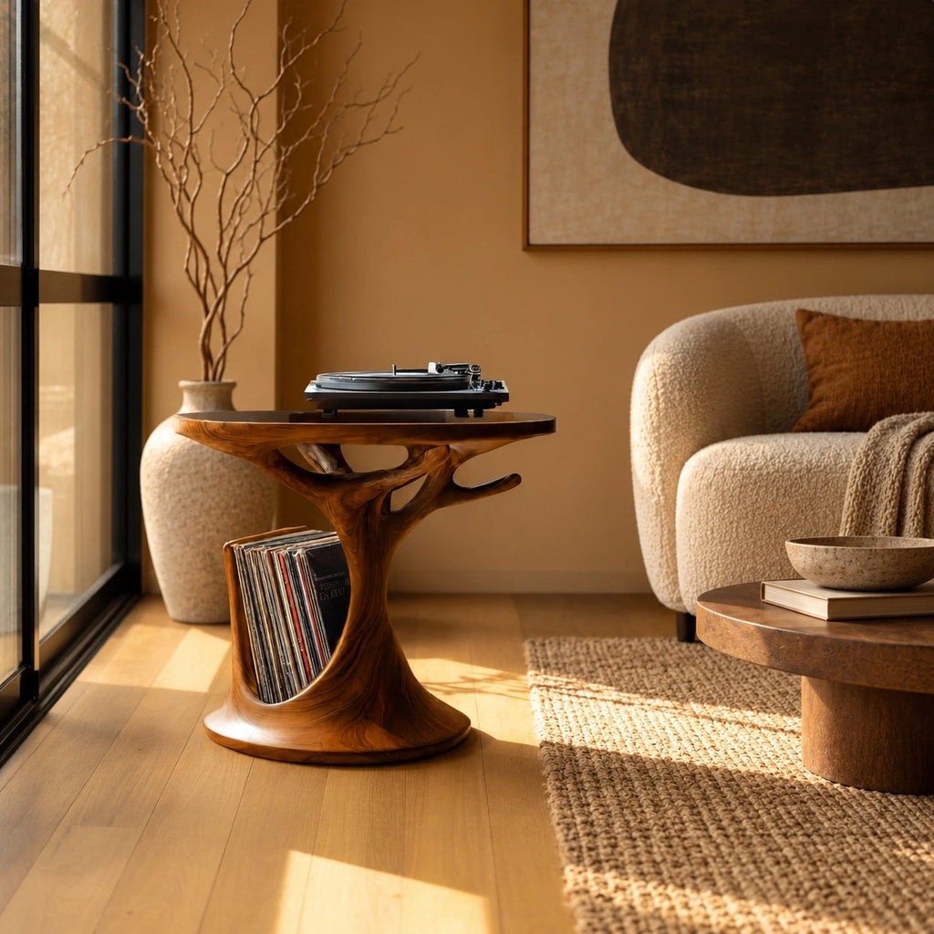 Organic Tree Form Wood Record Player Stand With Open Shelf