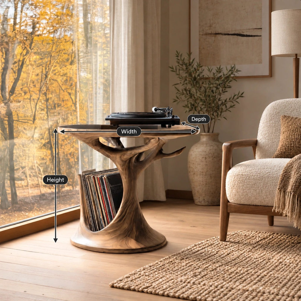 Organic Tree Form Wood Record Player Stand With Open Shelf