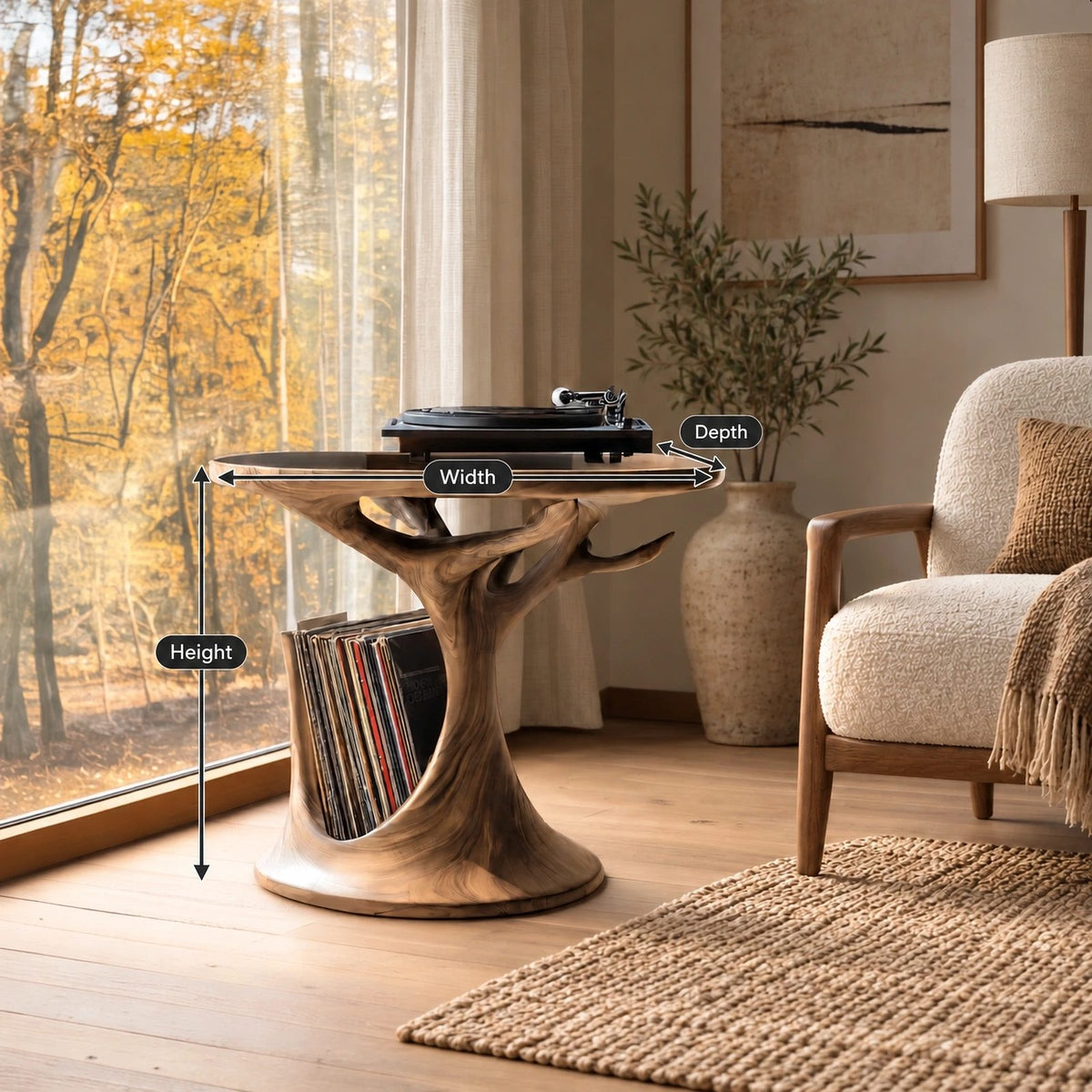 Organic Tree Form Wood Record Player Stand With Open Shelf