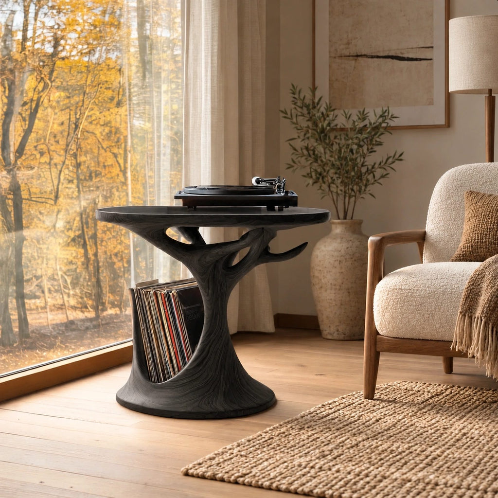 Organic Tree Form Wood Record Player Stand With Open Shelf