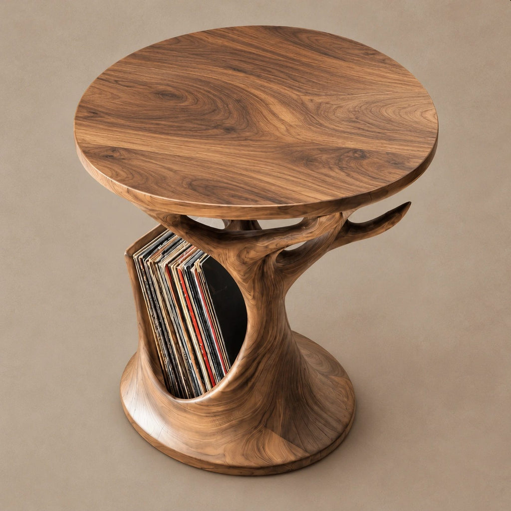 Organic Tree Form Wood Record Player Stand With Open Shelf