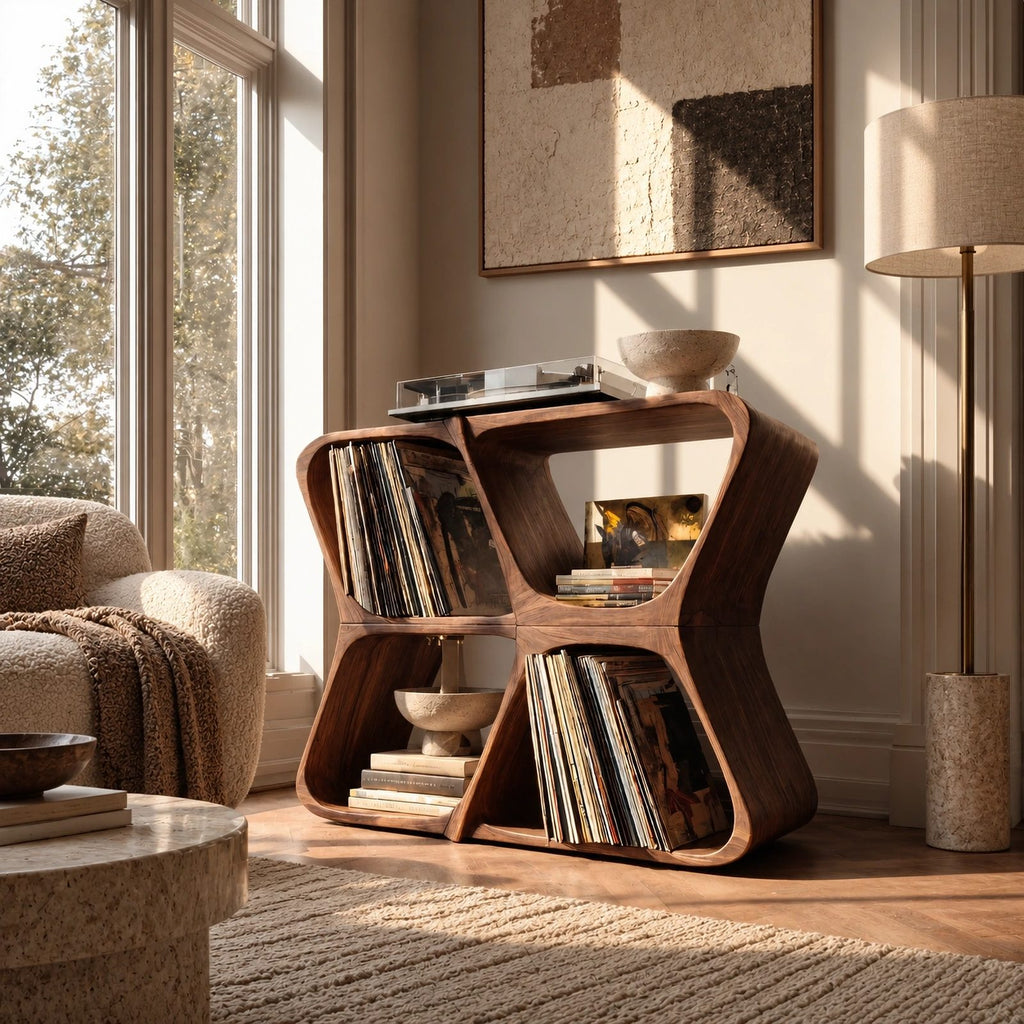 Modern Sculptural Wood Record Player Stand With Diamond Open Shelves