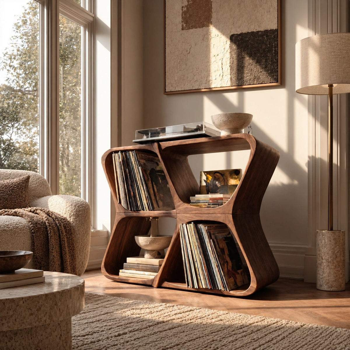 Modern Sculptural Wood Record Player Stand With Diamond Open Shelves
