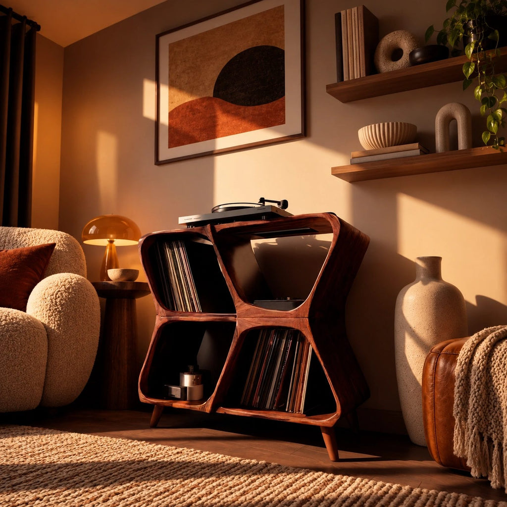 Modern Sculptural Wood Record Player Stand With Diamond Open Shelves