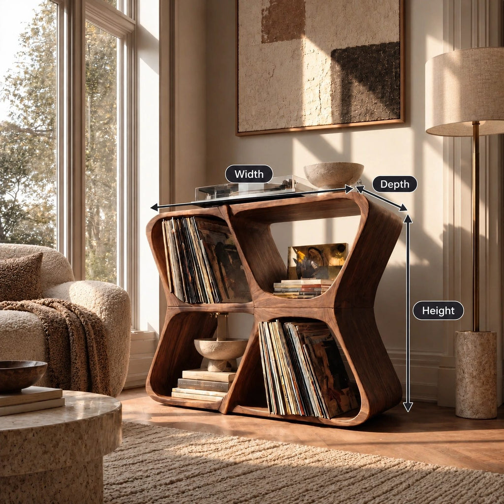 Modern Sculptural Wood Record Player Stand With Diamond Open Shelves
