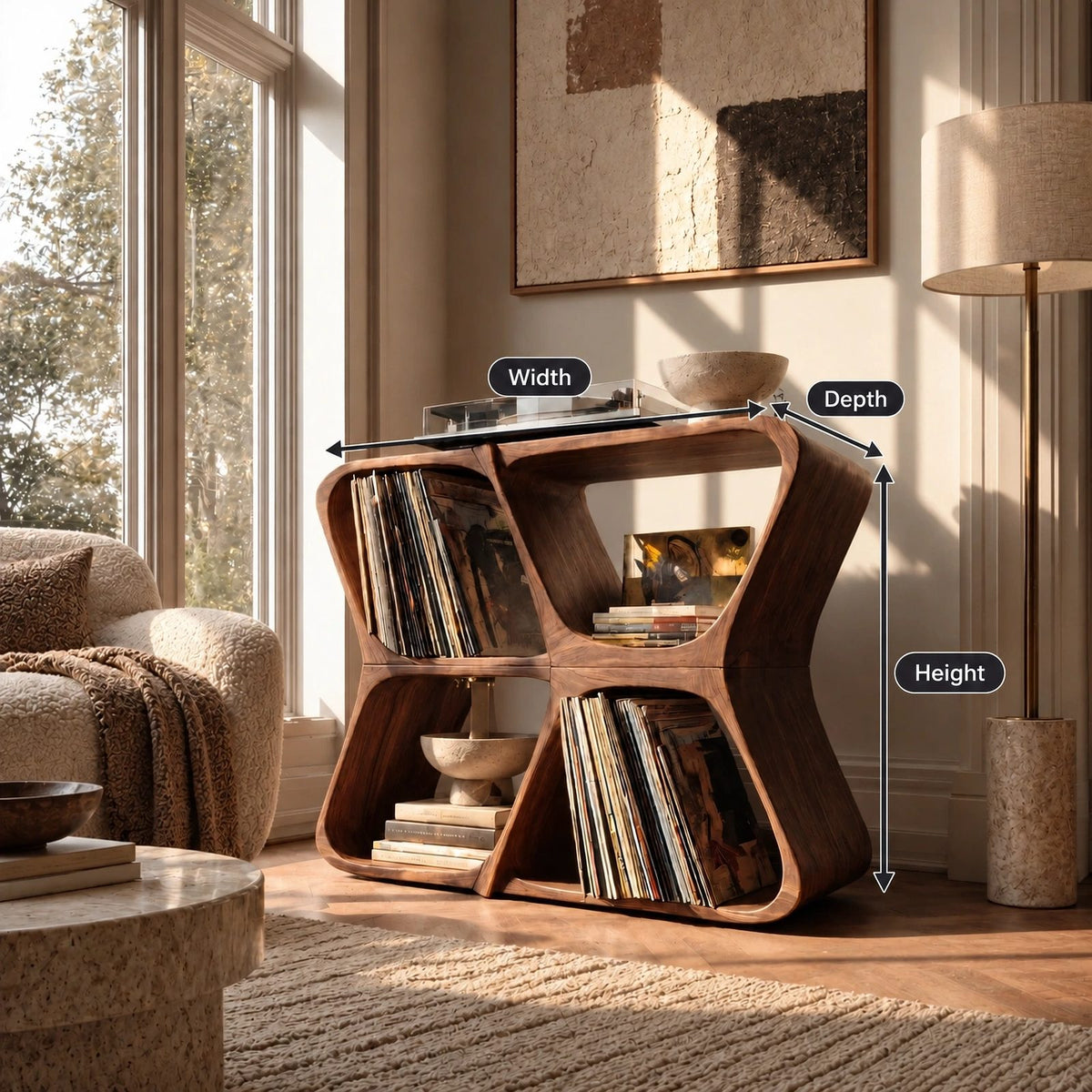 Modern Sculptural Wood Record Player Stand With Diamond Open Shelves
