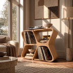 Modern Sculptural Wood Record Player Stand With Diamond Open Shelves