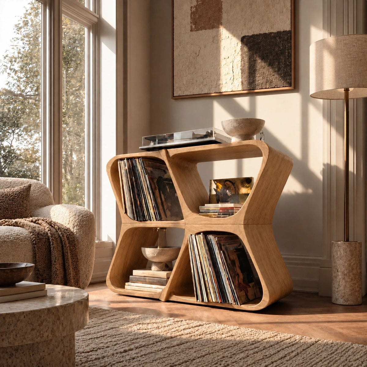 Modern Sculptural Wood Record Player Stand With Diamond Open Shelves