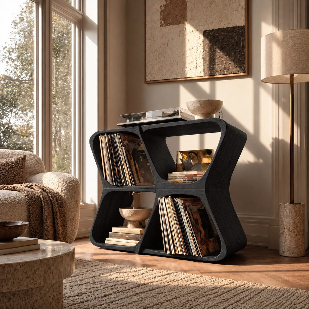 Modern Sculptural Wood Record Player Stand With Diamond Open Shelves