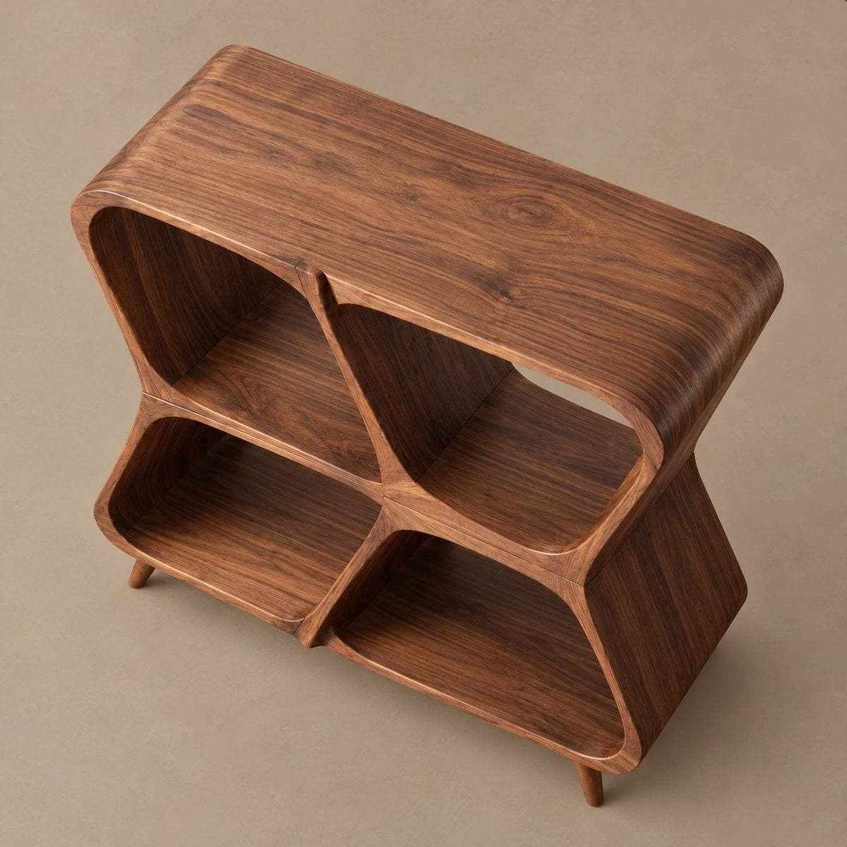 Modern Sculptural Wood Record Player Stand With Diamond Open Shelves