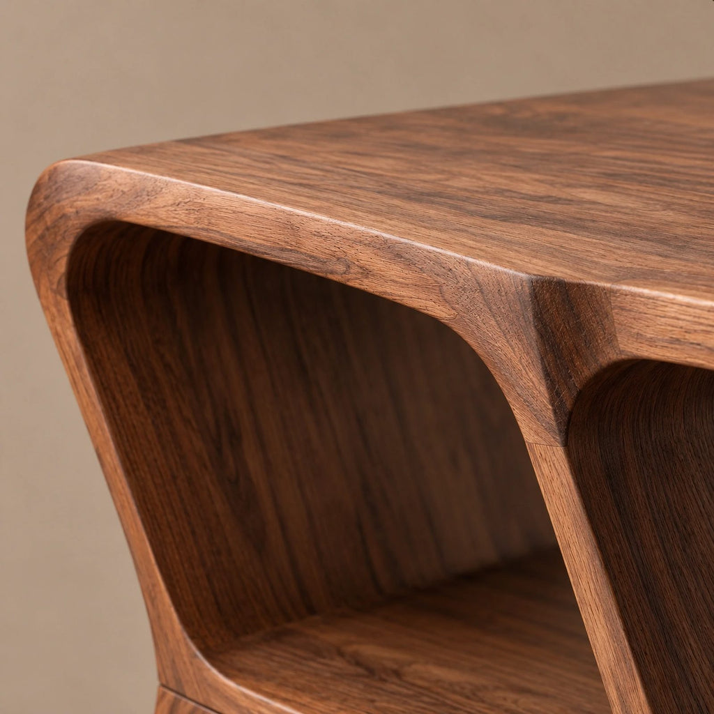 Modern Sculptural Wood Record Player Stand With Diamond Open Shelves