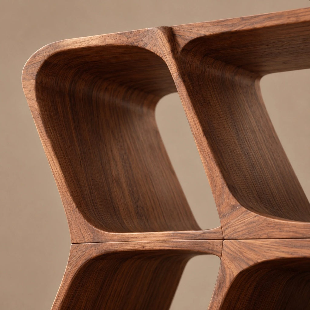 Modern Sculptural Wood Record Player Stand With Diamond Open Shelves