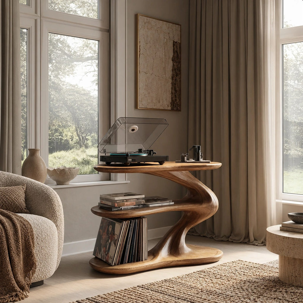 Contemporary Zigzag Wood Record Player Stand With Open Shelf