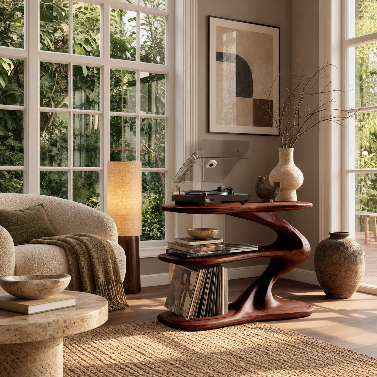 Contemporary Zigzag Wood Record Player Stand With Open Shelf
