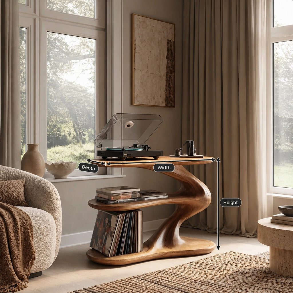 Contemporary Zigzag Wood Record Player Stand With Open Shelf