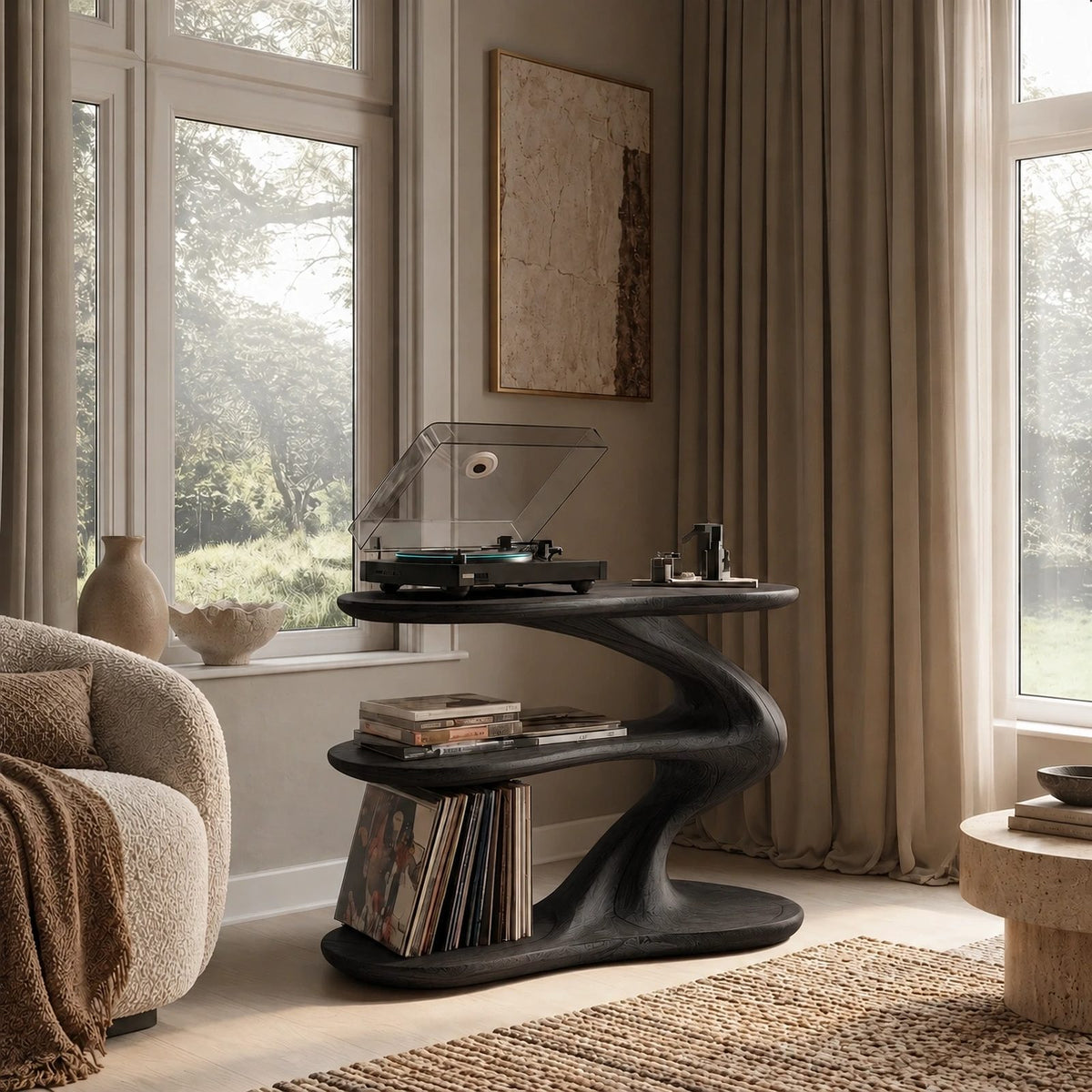 Contemporary Zigzag Wood Record Player Stand With Open Shelf
