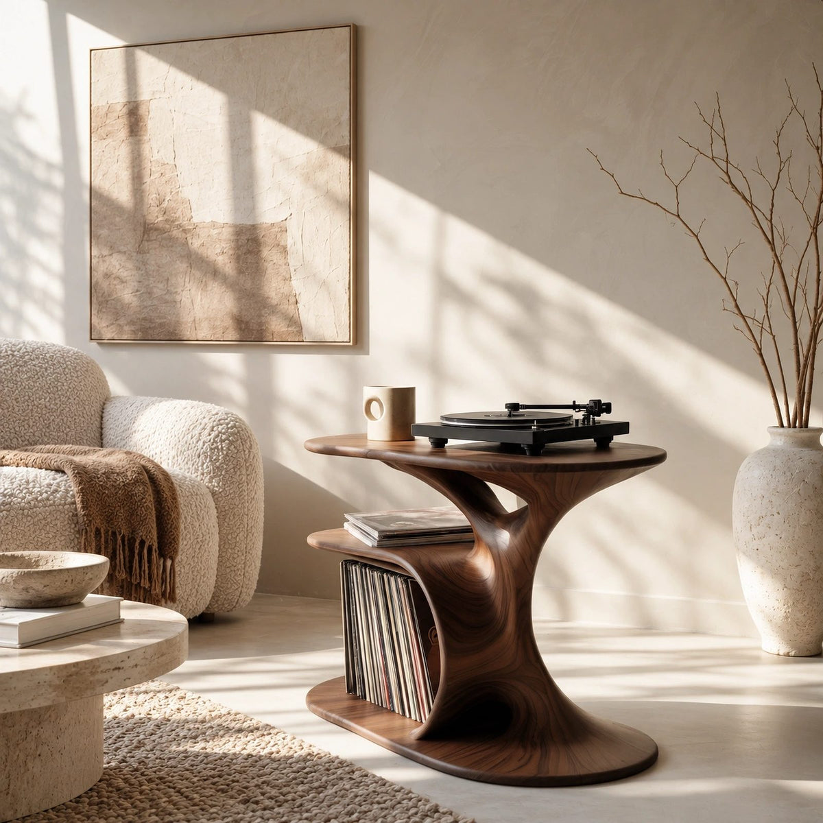 Mid Century Flowing Wood Record Player Stand With Open Shelves