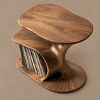 Mid Century Flowing Wood Record Player Stand With Open Shelves