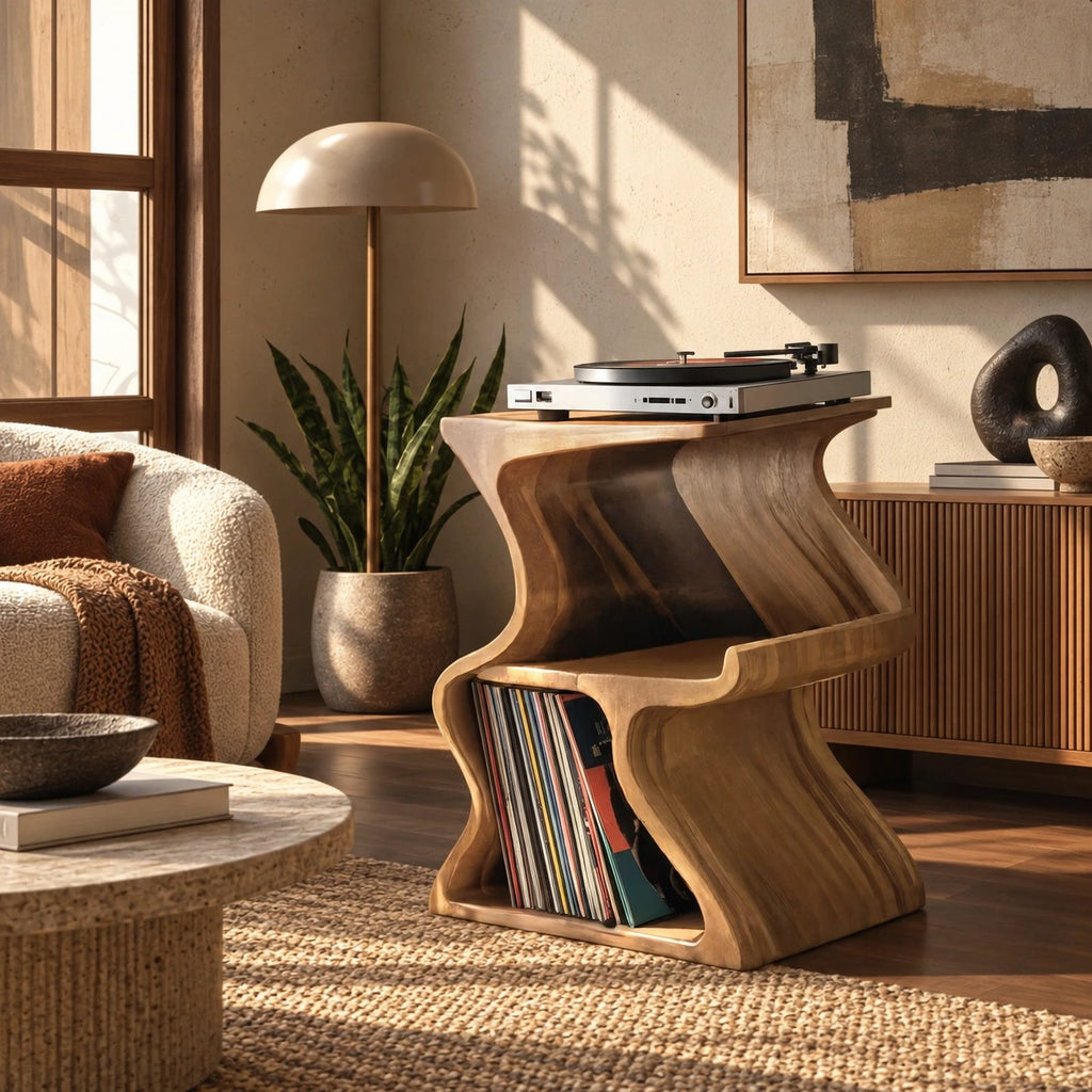 Scandinavian Wave Form Wood Record Player Stand With Open Shelf