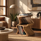 Scandinavian Wave Form Wood Record Player Stand With Open Shelf