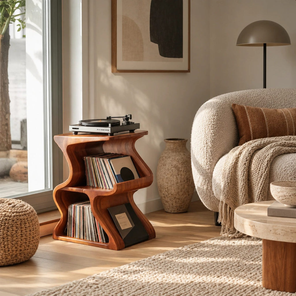 Scandinavian Wave Form Wood Record Player Stand With Open Shelf