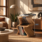 Scandinavian Wave Form Wood Record Player Stand With Open Shelf