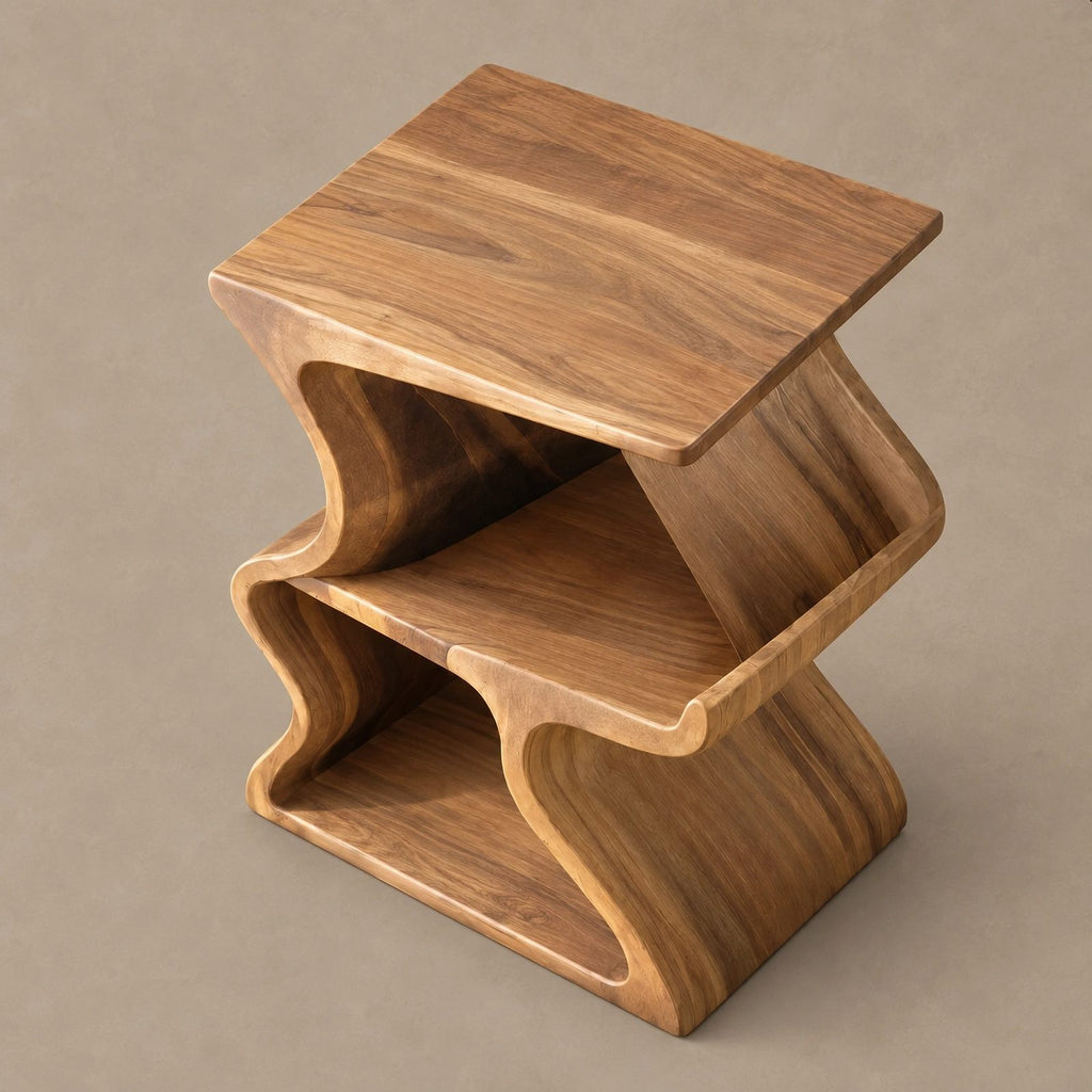 Scandinavian Wave Form Wood Record Player Stand With Open Shelf