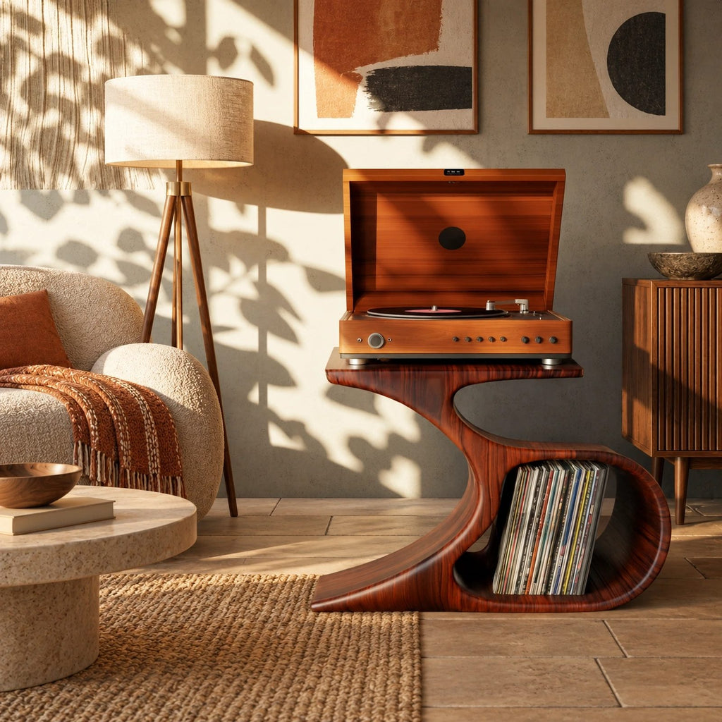 Farmhouse Curved Leg Wood Record Player Stand With Open Storage