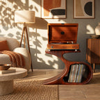 Farmhouse Curved Leg Wood Record Player Stand With Open Storage